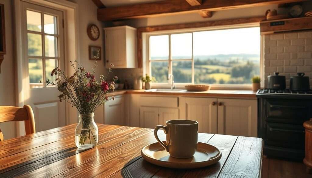 A cozy cottage kitchen bathed in warm, natural light streaming through a large window. The foreground features a rustic wooden table with a simple place setting, a vase of fresh wildflowers, and a vintage ceramic mug. The middle ground showcases a farmhouse-style kitchen with whitewashed cabinets, exposed beams, and a classic cast-iron stove. In the background, a picturesque landscape of rolling hills and a distant forest can be seen through the window, creating a serene and inviting atmosphere. The overall mood is one of tranquility, simplicity, and a touch of country charm.