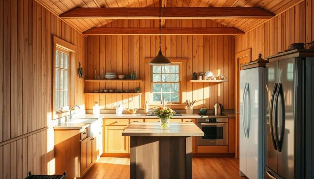 A cozy cottage kitchen with warm, weathered beadboard paneling covering the walls. The paneling has a slightly distressed, vintage appearance, complementing the rustic yet refined aesthetic. The kitchen is bathed in soft, natural lighting filtering in through large windows, casting a gentle glow on the beadboard. The paneling extends from the floor to the ceiling, creating a cohesive, inviting space. Subtle shadows and highlights accentuate the texture and grain of the wood, adding depth and character. An overall sense of homey comfort and charm permeates the scene, blending rustic and modern elements seamlessly.