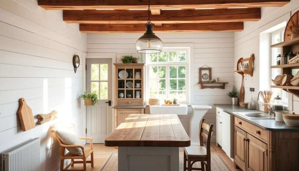 A cozy cottage-style kitchen bathed in warm, natural light. A small, intimate space with white shiplap walls, a rustic wooden farmhouse table, and vintage-inspired accents like a farmhouse-style pendant light and a weathered wooden hutch. A central island with a butcher block top serves as the heart of the kitchen, complemented by exposed wood beams overhead. Soft, earthy tones in the textiles and décor create a relaxed, inviting atmosphere. The large window overlooking a lush garden completes the charming, pastoral scene, evoking a sense of rural tranquility.