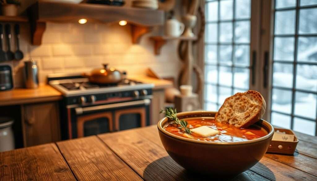 A cozy, inviting kitchen scene with a steaming bowl of hearty homemade soup on a rustic wooden table. The foreground features the soup, garnished with fresh herbs, crusty bread, and a pat of butter melting on top, evoking the comforting aroma of a traditional, nourishing meal. In the middle ground, a vintage-style stove and oven emit a warm, golden glow, hinting at the preparation process. The background showcases a window overlooking a serene, snow-covered landscape, creating a sense of nostalgic tranquility. The lighting is soft and diffused, casting a comforting, ambient atmosphere. The overall composition evokes a timeless, homey feel that captures the essence of comfort food and its enduring appeal.