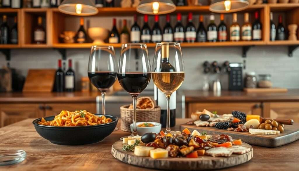 A cozy, inviting scene of a rustic kitchen table set for a wine and food pairing. In the foreground, an assortment of homemade dishes: a hearty pasta dish, roasted vegetables, and a charcuterie board with artisanal meats, cheeses, and olives. A pair of wine glasses filled with deep red and crisp white wines stand prominently on the table, complementing the meal. The middle ground features a backdrop of wooden shelves stocked with bottles of premium wines, jars of herbs and spices, and other cooking essentials. Soft, warm lighting from pendant fixtures overhead casts a golden glow, creating an intimate, relaxed atmosphere. The scene evokes the pleasure of preparing and enjoying a delightful homemade meal paired with the perfect wines.