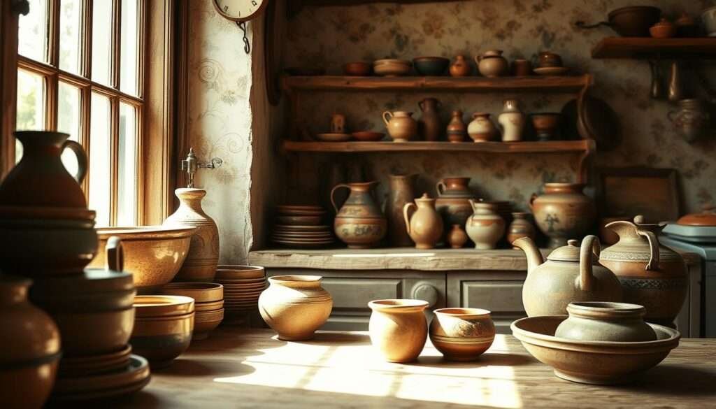 A cozy kitchen corner bathed in warm, natural light, showcasing a vintage pottery collection. In the foreground, a collection of hand-crafted ceramic bowls, vases, and pitchers in earthy tones and rustic textures, each piece bearing the marks of its maker. The middle ground features a weathered wooden shelf or sideboard, displaying an artful arrangement of these timeless kitchen essentials. In the background, a soft, muted floral wallpaper or exposed brick wall creates a sense of timeless charm. The overall atmosphere evokes a lived-in, boho-inspired kitchen, blending the old and the new for a visually striking and inviting scene.