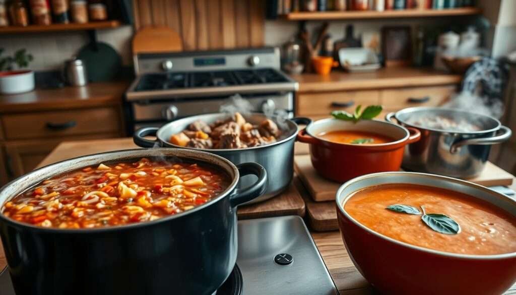 A cozy kitchen counter showcases a variety of hearty, comforting dishes. In the foreground, a large pot of thick, steaming chili bubbles away, its deep red hue flecked with diced onions and peppers. Beside it, a dutch oven brims with a rich, fragrant beef stew, potatoes and carrots peeking through the savory broth. In the middle ground, a simmering pot of creamy tomato soup gently steams, garnished with fresh basil leaves. The background is filled with the warm glow of a hardwood table, flanked by a vintage oven and shelves brimming with spices and cookbooks. The scene is lit by soft, natural light, creating a cozy, inviting atmosphere perfect for a satisfying, protein-packed meal.