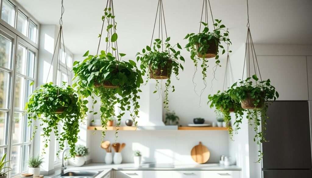 A cozy kitchen interior with hanging planters cascading from the ceiling, casting soft shadows on the minimalist countertops below. Sunlight filters in through large windows, illuminating the verdant greenery and creating a serene, natural ambiance. The planters are a mix of trailing vines and lush foliage, adding pops of vibrant color and life to the muted, Scandinavian-inspired decor. The scene is captured with a wide-angle lens, highlighting the airy, open layout and the harmonious integration of the plants into the overall kitchen design.