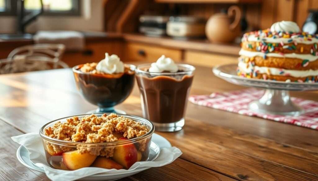 A cozy kitchen scene with a rustic wooden table, a warm beam of afternoon light filtering through a window, casting a soft glow on a variety of traditional comfort food desserts. In the foreground, a freshly baked apple crisp with a golden crumble topping, steam rising from the bubbling fruit. Beside it, a decadent chocolate pudding in a vintage glass bowl, topped with a dollop of whipped cream. In the background, a layered funfetti icebox cake, its vibrant colors and playful sprinkles evoking a sense of childhood nostalgia. The composition is balanced and inviting, capturing the essence of sweet, comforting classics with a modern, artisanal touch.