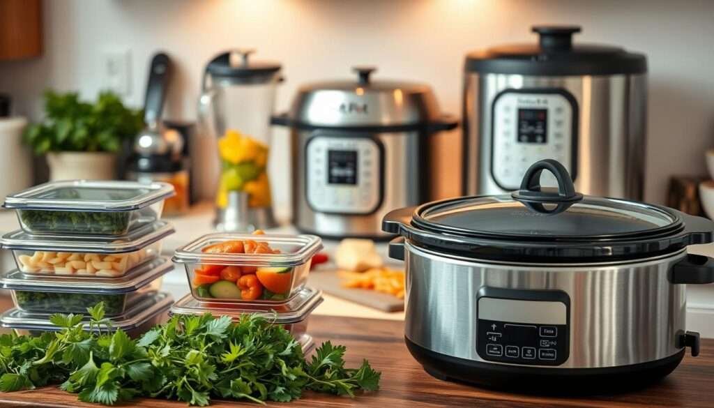 A cozy kitchen scene with various time-saving cooking methods on display. In the foreground, a row of fresh herbs, a stack of meal prep containers, and a slow cooker simmering a hearty stew. In the middle ground, a chopping board with pre-cut vegetables and a high-powered blender for making nutrient-dense sauces. The background features sleek stainless steel appliances, including an Instant Pot and an air fryer, casting a warm glow under soft, diffused lighting. The overall atmosphere conveys efficiency, organization, and the joy of effortless, healthy meal preparation.