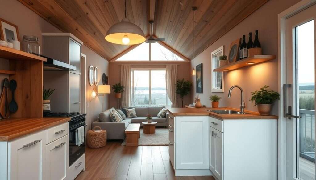 A cozy, minimalist interior of a small house showcasing a modern boho-inspired kitchen. The space features warm lighting from a pendant lamp, casting a soft glow over the natural wood accents and neutral color palette. In the foreground, a compact but functional kitchen with clean lines, white cabinets, and a simple backsplash. The middle ground reveals an open-concept living area with a comfortable sofa and a large window, allowing natural light to flood the room. The background depicts a tranquil outdoor scene visible through the window, adding to the serene and inviting atmosphere.