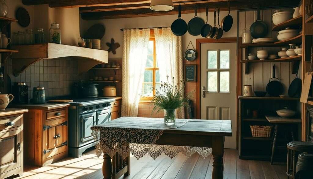 A cozy rustic kitchen adorned with vintage treasures. The warm glow of a cast-iron wood stove illuminates the space, casting a soft, ambient light. Antique cabinetry and distressed wood accents lend a timeless charm, complemented by wrought-iron hardware and farmhouse-inspired decor. A weathered wooden table sits at the center, adorned with a lace tablecloth and a vase of freshly-picked wildflowers. Sunlight filters through the lace curtains, creating a dreamy, nostalgic atmosphere. Decorative glass jars, ceramic bowls, and hanging pots and pans add layers of character and functionality. The overall scene evokes a sense of warmth, heritage, and a return to simpler times.