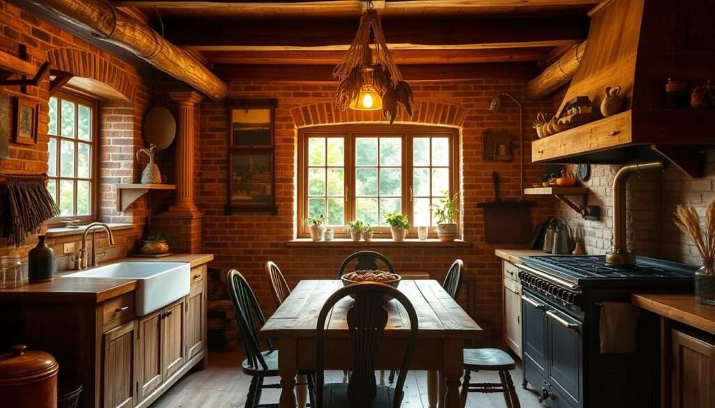 A cozy, rustic kitchen bathed in warm, golden lighting. Wooden beams and exposed brick walls create a charming, country-inspired ambiance. A large, farmhouse-style sink sits beneath a window overlooking a lush, green garden. Antique brass fixtures and hand-crafted ceramic tiles add rustic elegance. A weathered wooden table is surrounded by mismatched, vintage chairs, inviting leisurely meals and intimate conversations. Dried herbs and aromatic spices hang from the ceiling, while a cast-iron stove radiates a comforting glow. This is the heart of the home, a sanctuary where traditional craftsmanship and natural materials converge to inspire a sense of timeless, country-chic style.