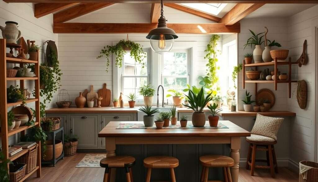 A cozy, sun-dappled cottage kitchen in a rustic boho style. Wooden beams and white-washed walls provide a warm, inviting backdrop. A farmhouse-inspired kitchen island stands at the center, topped with a colorful patterned runner and an assortment of potted plants. Vintage-inspired pendant lights cast a soft, ambient glow. Mismatched wooden stools with plush cushions invite you to linger. Shelves display an eclectic array of ceramics, woven baskets, and natural elements like driftwood and succulents. Lush greenery spills from windowsills, blurring the line between indoor and outdoor. The overall atmosphere is one of relaxed, bohemian charm.