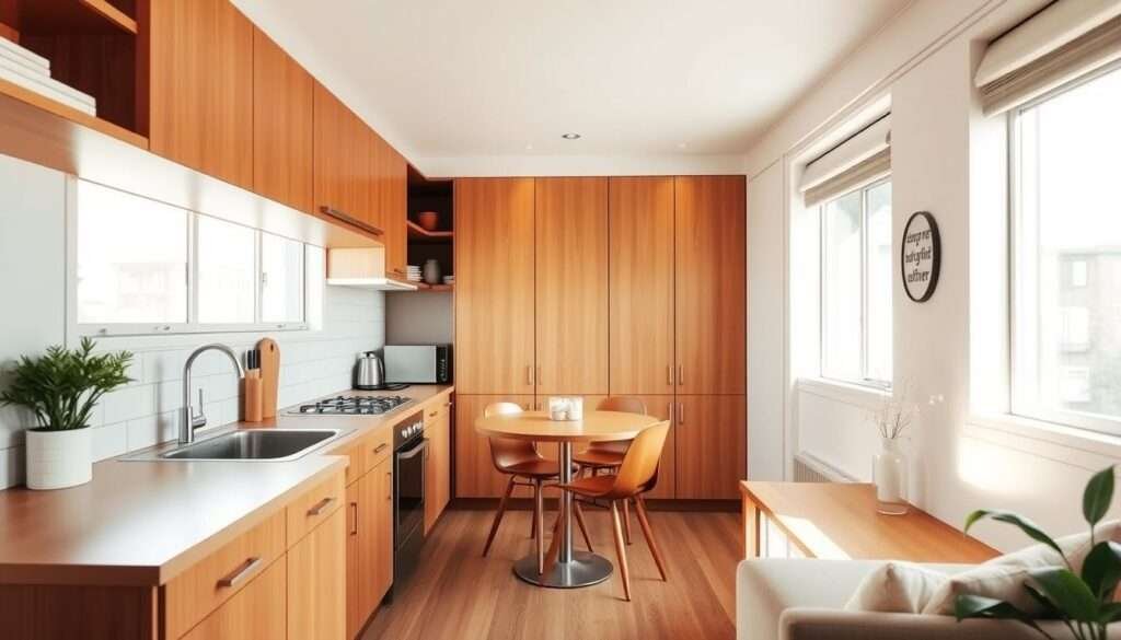 A cozy, sun-drenched apartment kitchen with clean, minimalist lines and efficient storage solutions. Warm wooden cabinets and countertops create a welcoming ambiance, complemented by sleek stainless steel appliances and a subway tile backsplash. Soft, diffused light filters in through large windows, casting a gentle glow on the space. A small dining nook with a round wooden table and modern chairs sits adjacent to the cooking area, inviting casual meals. The overall atmosphere is one of understated elegance and practical functionality, perfectly suited for an urban, space-constrained home.