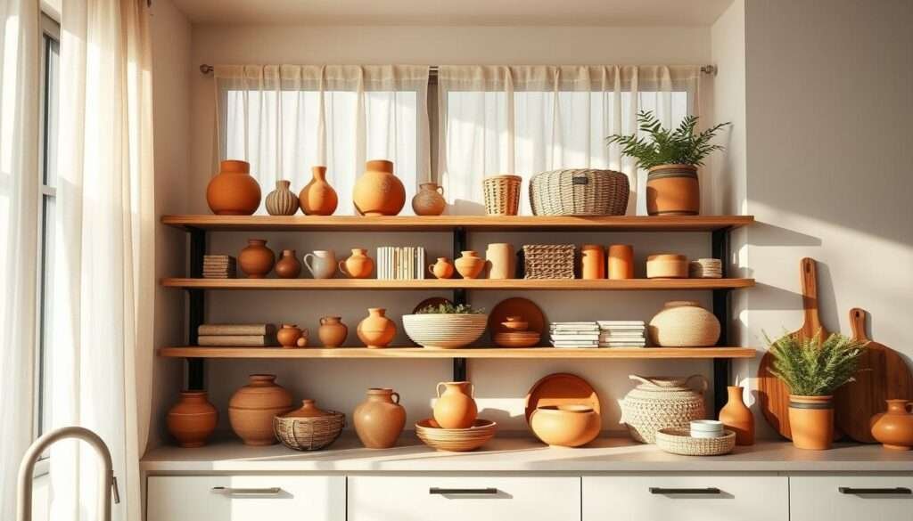 A cozy, sun-drenched boho-inspired open shelving unit in a modern kitchen, featuring an artful arrangement of terracotta pots, woven baskets, and rustic wooden accents. Soft, diffused natural light filters through sheer linen curtains, casting a warm glow on the earthy tones and textures. The shelves are styled with a thoughtful mix of functional items and decorative elements, creating a harmonious, lived-in ambiance. The overall composition evokes a sense of relaxed sophistication, perfectly complementing the modern yet organic aesthetic of the surrounding kitchen space.