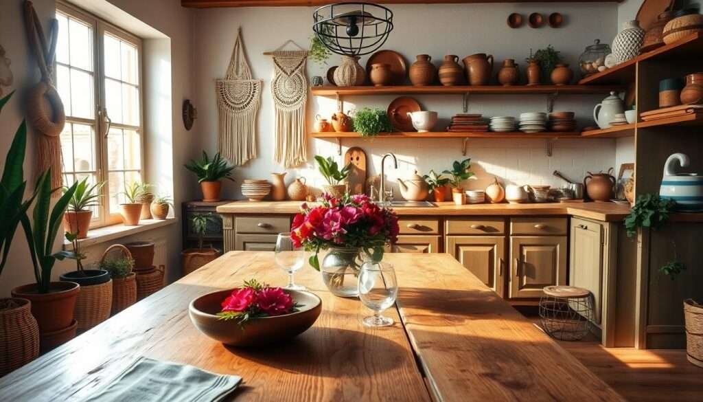A cozy, sun-drenched boho kitchen with a rustic wood dining table in the foreground, adorned with a vibrant floral centerpiece. In the middle ground, an eclectic mix of macrame wall hangings, potted plants, and earthy ceramics create a warm, inviting ambiance. The background features vintage-inspired cabinets, open shelving displaying an array of mismatched crockery, and a large window that bathes the space in natural light, casting a soft, golden glow. The overall vibe is one of artful, effortless style - a harmonious blend of natural textures, bohemian flair, and homey comfort.