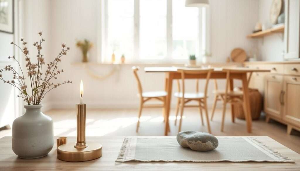 A cozy, sun-drenched kitchen with pale wooden floors and walls. In the foreground, a collection of serene decor items: a ceramic vase with delicate wildflowers, a brass candleholder with a single flickering flame, and a smooth river stone resting on a linen placemat. The middle ground features a minimalist wooden kitchen table with two simple chairs, their clean lines complementing the rustic yet refined aesthetic. Soft, diffused natural light filters in through a large window, casting a warm glow over the scene and imbuing it with a sense of tranquility and understated elegance. The overall mood is one of quiet comfort and thoughtful curation, inviting the viewer to imagine themselves in this serene, inviting space.