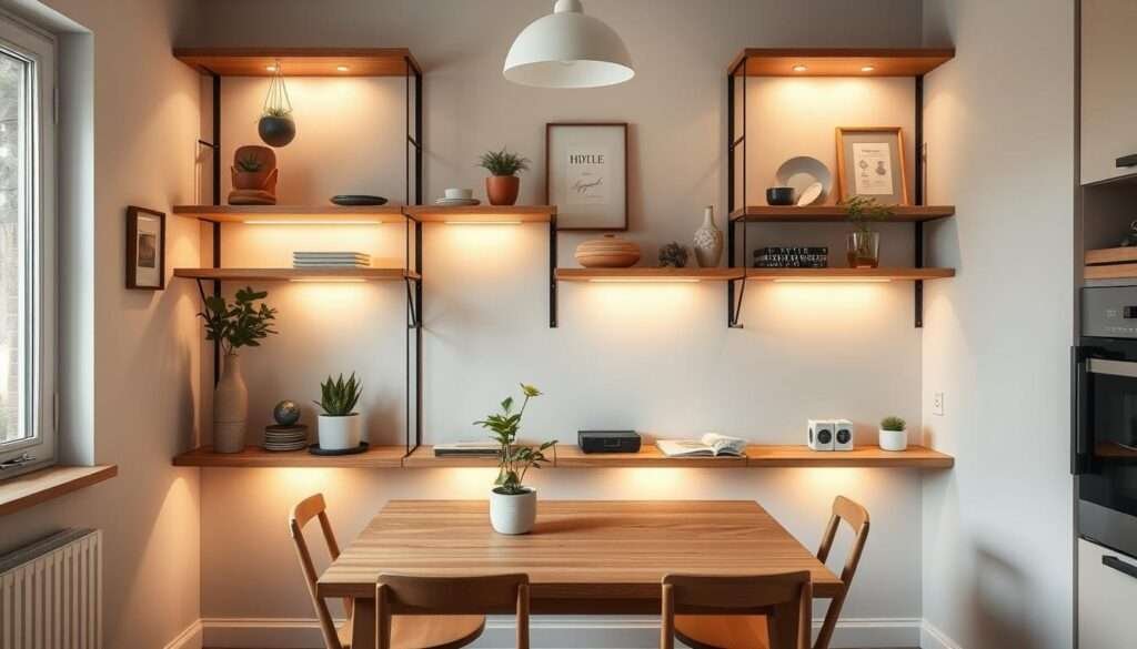 A cozy, well-lit dining nook in a small kitchen, featuring an elegant wall-mounted storage unit that doubles as decorative shelving. The unit is composed of natural wood shelves and metal brackets, casting warm, soft lighting from hidden LED strips. Potted plants, ceramics, and vintage-inspired accents adorn the shelves, creating a harmonious blend of function and style. The dining table, in a complementary wood tone, is surrounded by simple, minimalist chairs, allowing the storage unit to take center stage as the focal point of the space. The overall atmosphere is one of understated sophistication, where practical storage seamlessly integrates with the refined aesthetic of the dining area.