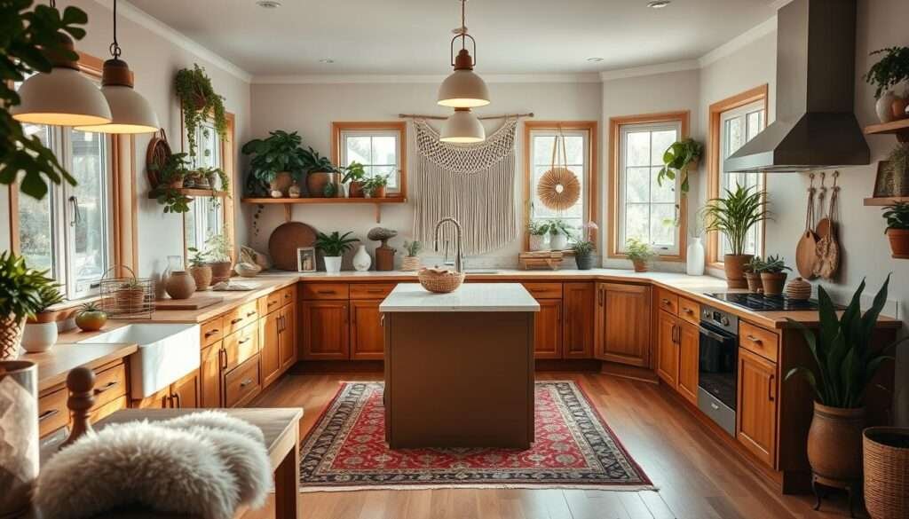 A cozy, well-lit kitchen with a bohemian flair. The countertops are adorned with lush potted plants and an assortment of eclectic ceramics. Warm wooden cabinets and a rustic farmhouse sink create a natural, earthy vibe. In the center, a sleek kitchen island with a marble top provides additional workspace and seating. Plush textiles, such as a patterned area rug and a macrame wall hanging, add pops of color and texture. Soft, diffused lighting from pendant lamps casts a serene glow, while large windows allow natural light to flood the space. The overall atmosphere is inviting and harmonious, blending modern elegance with boho charm.