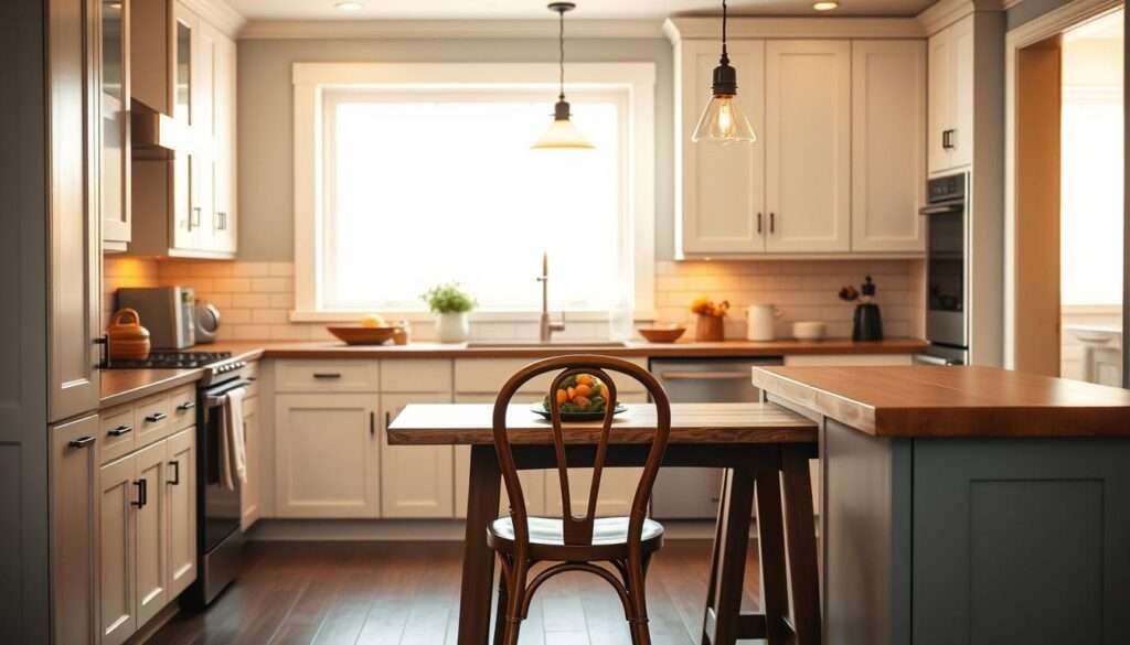 A cozy, well-lit kitchen with an intimate dining nook tucked away in the corner. The scene is bathed in warm, golden tones from pendant lights above a rustic wood table, contrasting with the crisp, white cabinetry and subway tile backsplash. A large window floods the space with natural light, casting a soft, diffused glow across the room. In the foreground, a pair of bentwood chairs are positioned at the table, inviting the viewer to pull up a seat and savor a meal. The middle ground features a minimalist, streamlined kitchen island with a butcher block top, while the background showcases a glimpse of additional cabinetry and appliances, creating a sense of depth and functionality. The overall atmosphere is one of refined elegance and understated sophistication, perfectly suited for a cozy, intimate dining experience.
