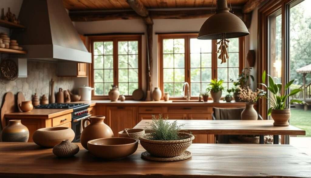 A cozy, well-lit kitchen with earthy tones and organic materials. In the foreground, a wooden kitchen counter with a mix of terracotta, ceramic, and woven accents. In the middle ground, wooden cabinets in warm tones, complemented by natural stone backsplash. The background features large windows overlooking a lush, verdant garden, bathing the space in soft, diffused natural light. The overall atmosphere is one of comfort, simplicity, and a connection to nature, evoking a serene and inviting boho-inspired ambiance.