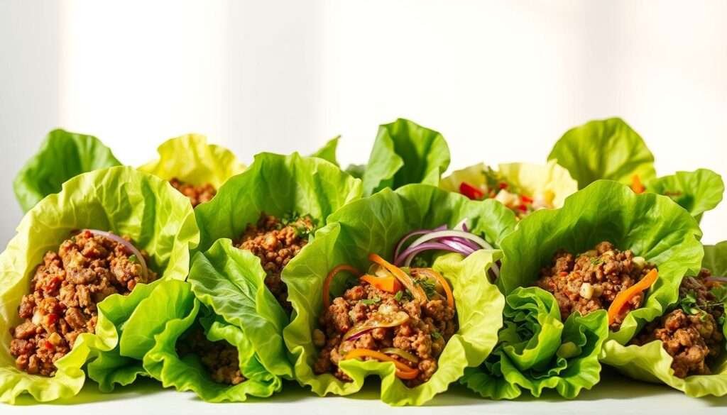 A crisp and vibrant arrangement of diverse lettuce wrap variations, showcased against a clean, minimalist backdrop. In the foreground, an array of fresh green lettuce leaves, meticulously arranged to display their delicate textures and inviting shapes. The middle ground features an assortment of flavorful fillings, including juicy ground beef, crunchy vegetables, and aromatic herbs, each element harmoniously complementing the other. The background is softly lit, with gentle shadows casting a warm, natural glow, highlighting the vibrant colors and fresh ingredients. The overall composition exudes a sense of culinary elegance and mouthwatering appeal, perfectly capturing the essence of "Delicious Asian-Style Ground Beef Lettuce Wraps" and the "Serving Suggestions and Variations" section.