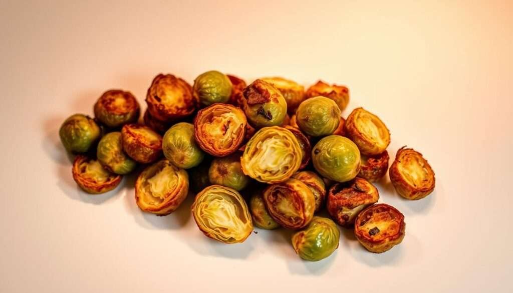 A crisp, golden-brown air-fried brussels sprouts dish, set against a minimalist, light-colored background. The sprouts are arranged in an appealing, slightly asymmetrical composition, with some whole and others halved to reveal their vibrant green interiors. Subtle shadows cast by the sprouts create depth and dimension. Warm, soft lighting from above highlights the sprouts' delicate textures and caramelized edges, evoking a cozy, appetizing atmosphere. The overall scene conveys a sense of simple, healthy indulgence - a veggie snack that truly steals the show.