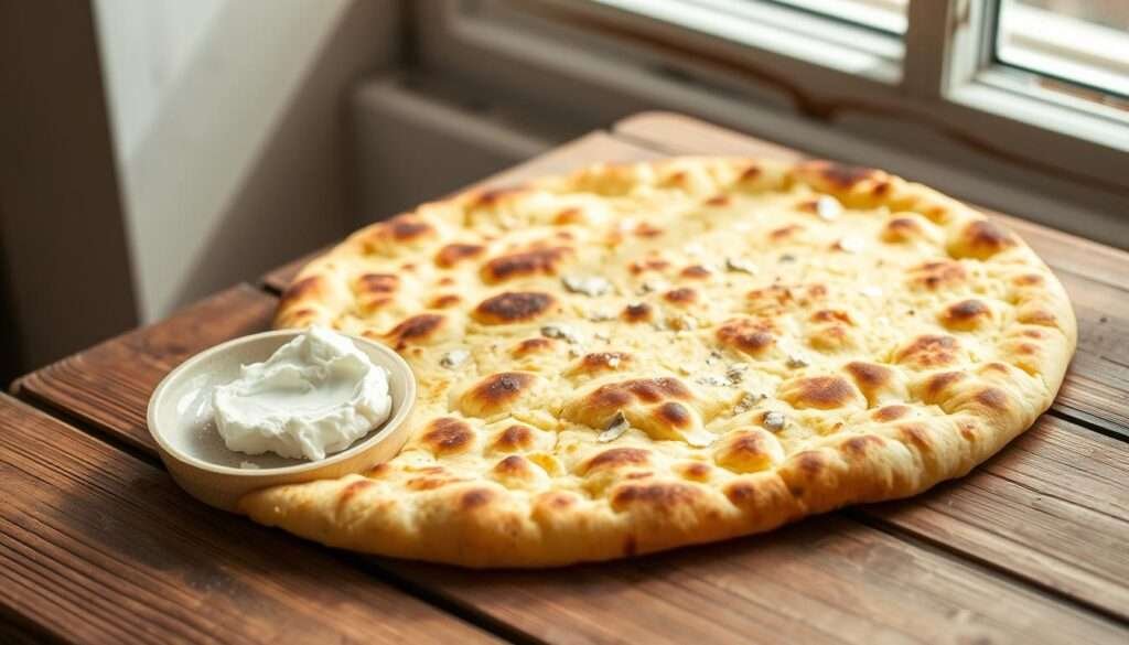 A crisp, golden-brown flatbread sits on a rustic wooden table, its surface dotted with vibrant flecks of cottage cheese. The light streams in through a nearby window, casting a soft, natural glow over the scene. The flatbread's edges are slightly charred, adding a hint of smokiness to the aroma. Beside it, a simple dish holds a dollop of creamy cottage cheese, ready to be spread across the warm, fluffy bread. The overall composition exudes a homemade, budget-friendly vibe, perfectly capturing the essence of the "Recipe Cost Breakdown" section.