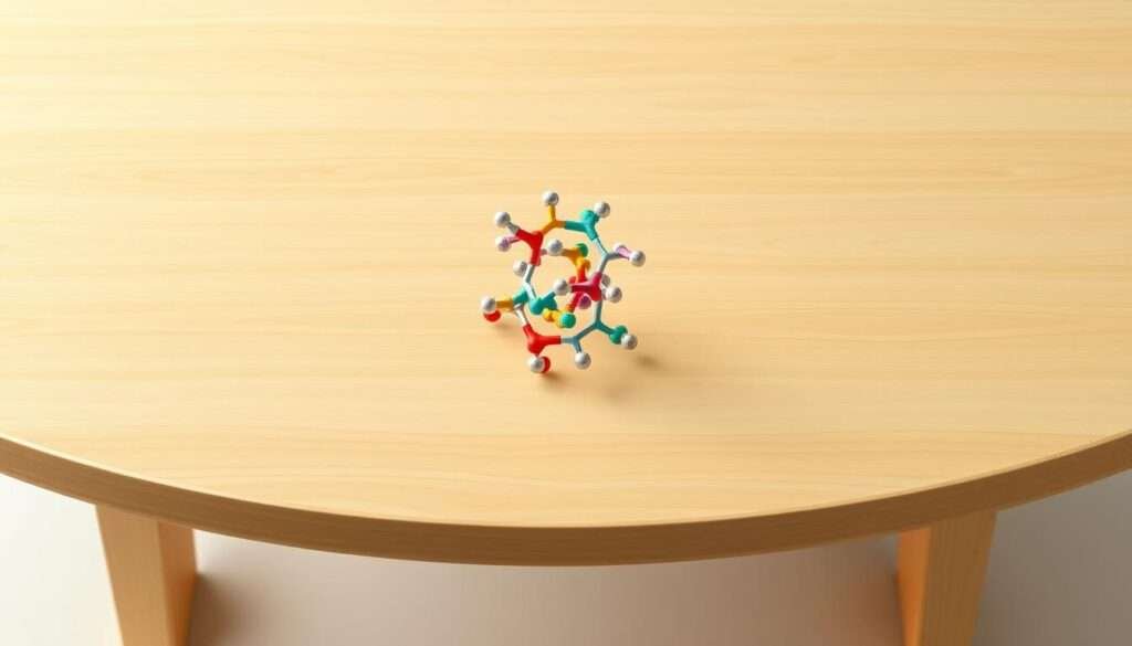 A crisp, high-quality table with a clean, modern design. The table surface is made of smooth, light-colored wood, with a subtle grain pattern. In the center of the table, a dynamic 3D model of a protein molecule hovers, its intricate structure and vibrant colors illuminated by soft, diffused lighting. The molecule rotates gently, showcasing its complex form. The background is a simple, neutral palette, allowing the protein model to take center stage. The overall scene conveys a sense of scientific precision and visual elegance, perfectly suited to illustrate the "Protein per Serving" section of the high-protein vegetarian dinner article.