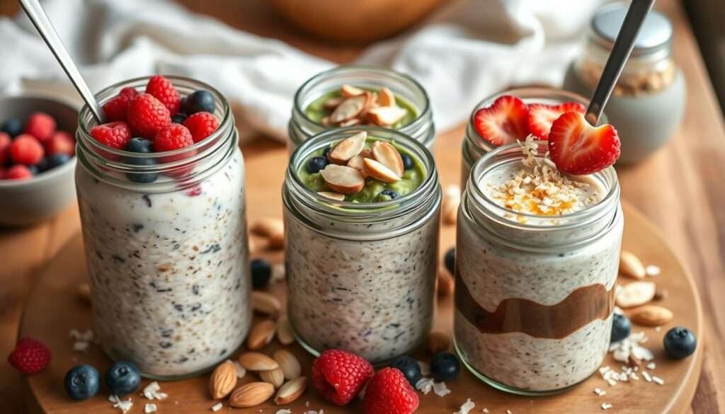 A crisp, well-lit overhead shot of an artfully arranged breakfast spread showcasing five tempting protein-packed overnight oat variations. Prominently featured in the foreground are glass jars filled with creamy, textured oats in contrasting flavors - classic vanilla, vibrant berry, earthy matcha, rich chocolate, and zesty citrus. The jars are accompanied by an assortment of vibrant toppings like fresh berries, sliced almonds, shredded coconut, and drizzles of honey, creating a visually enticing and appetizing display. The background is softly blurred, placing the focus entirely on the delectable oat creations. The lighting is warm and natural, emanating a cozy, inviting atmosphere perfect for starting the day with a nutritious and delicious high-protein breakfast.