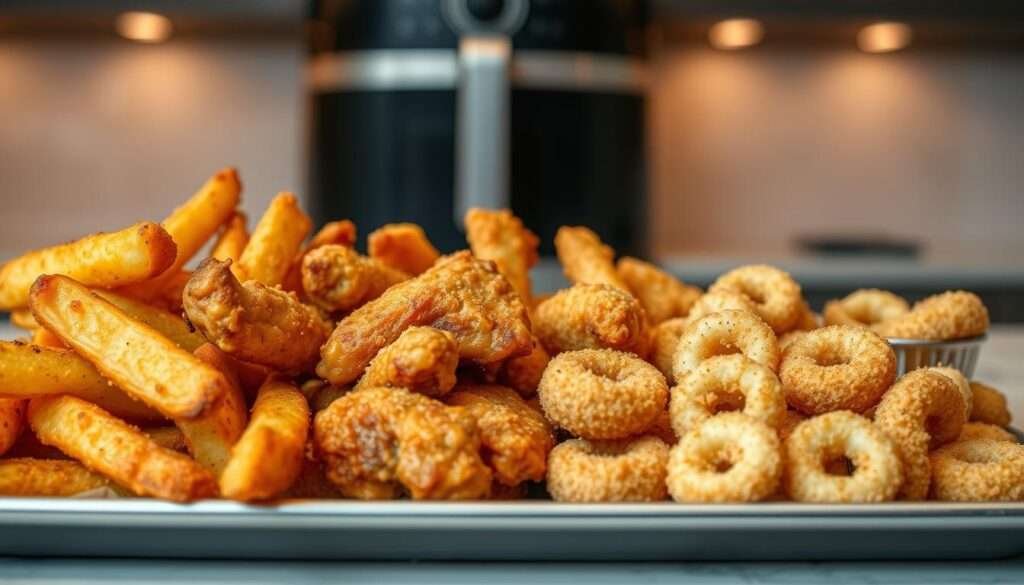 A crisply lit close-up of an array of irresistible air fryer snacks, arranged artfully on a sleek metal tray. Perfectly golden-brown potato wedges, juicy chicken wings, and bite-sized morsels of breaded calamari sizzle under the warm glow of the overhead lighting. The texture of the food is palpable, with a delectable crunch that beckons the viewer to reach out and grab a handful. The background is a clean, minimalist kitchen counter, allowing the vibrant, mouthwatering snacks to take center stage. An air of effortless sophistication pervades the scene, hinting at the joy and satisfaction of indulging in these healthier, air-fried delights.