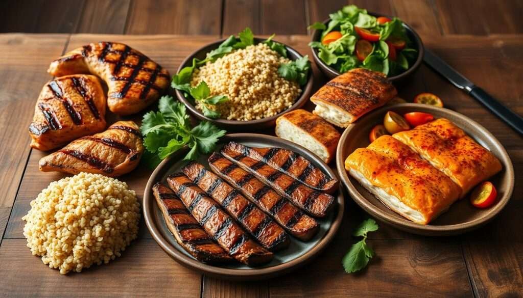 A delectable array of healthy, high-protein dinner items arranged on a rustic wooden table, illuminated by warm, natural lighting, captured with a wide-angle lens to showcase the scene in full. Lean grilled chicken, juicy steak, and baked salmon fillets take center stage, complemented by hearty quinoa, vibrant roasted vegetables, and a fresh green salad. The composition is balanced, with the ingredients neatly arranged to create an appetizing, culinary masterpiece. The overall mood is one of simplicity, nourishment, and culinary delight, perfectly embodying the concept of "Lean and Delicious: High-Protein Dinner Ideas Under 500 Calories".