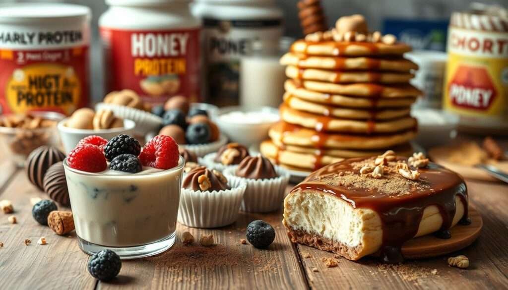 A delectable array of high-protein dessert options, artfully arranged on a rustic wooden table. In the foreground, a creamy protein pudding with a glossy, velvety texture, garnished with fresh berries and a dusting of cinnamon. Behind it, a selection of protein-rich bites, such as decadent chocolate protein truffles and bite-sized protein-packed cheesecake cups. The mid-ground features a stack of protein pancakes, drizzled with a honey-based syrup and sprinkled with toasted nuts. The background showcases a variety of protein powders, yogurt, and other nutritious ingredients, hinting at the wholesome, nutrient-dense nature of these indulgent treats. Soft, natural lighting casts a warm, inviting glow over the scene, creating a mouth-watering and visually appealing display.