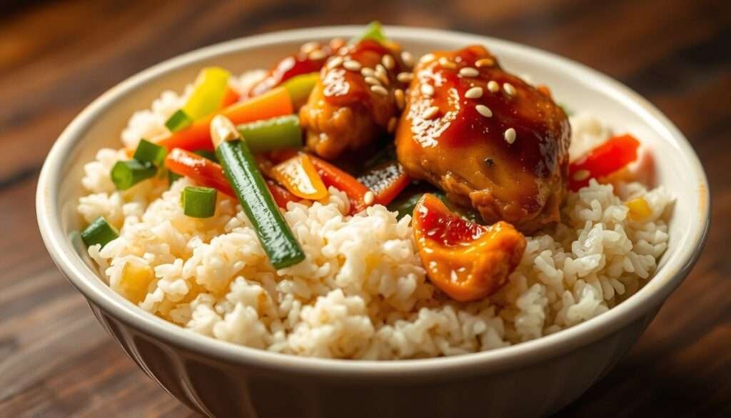 A delectable chicken rice bowl, steaming with aromatic jasmine rice, tender chicken thigh simmered in a savory soy-based sauce, and a medley of crisp, vibrant vegetables. The rice glistens under soft, warm lighting, while the chicken and vegetables are arranged in an inviting, artful manner. A drizzle of sesame oil and a sprinkle of toasted sesame seeds add depth and texture to this nourishing, high-protein meal. The overall scene exudes a sense of comforting, homestyle appeal, perfect for capturing the essence of "Bowls and Skillets: Rice, Veggies, and Saucy Proteins".