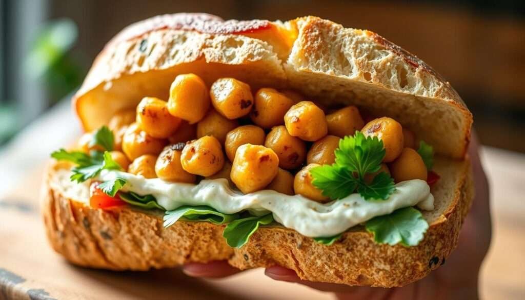 A delectable chickpea sandwich on rustic bread, crafted with care. The chickpeas, perfectly seasoned and sautéed, nestled between slices of artisanal sourdough, dressed with a creamy, tangy spread and garnished with fresh, crisp veggies. Captured in a warm, natural light that highlights the texture and vibrant colors, the sandwich appears invitingly handheld and ready to satisfy. The composition conveys a sense of wholesome, plant-based indulgence, perfectly suited to a section on flavorful and filling plant-based meals.