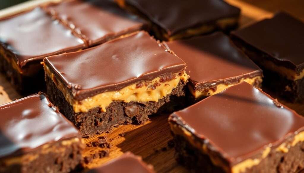 A delectable close-up of no-bake chocolate peanut butter bars, freshly set and glistening on a wooden surface. The rich, fudgy bars are layered with a creamy peanut butter filling, topped with a smooth chocolate ganache. Soft natural lighting from the side casts warm shadows, accentuating the lush texture. The bars are arranged casually, as if just cut from a larger tray, with a hint of crumbs and shiny peanut butter drippings around them. The overall mood is indulgent and inviting, evoking the nostalgic comfort of homemade treats.