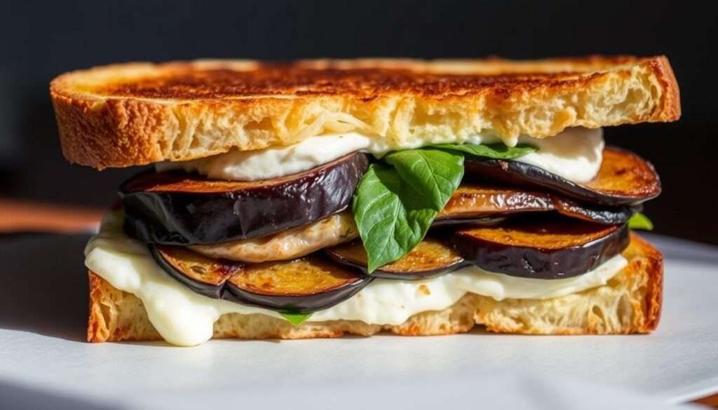 A delectable grilled cheese sandwich, with layers of creamy ricotta, roasted eggplant, and fresh basil nestled between slices of crusty, golden-brown bread. The cheese melts luxuriously, creating a gooey and tantalizing centerpiece. Bathed in soft, natural lighting that casts gentle shadows, the sandwich is captured from a slightly elevated angle, showcasing its intricate textures and vibrant colors. The overall mood is one of comfort, indulgence, and a modern twist on a classic dish, perfectly suited to illustrate the "Grilled Cheese, Reimagined" section of the article.