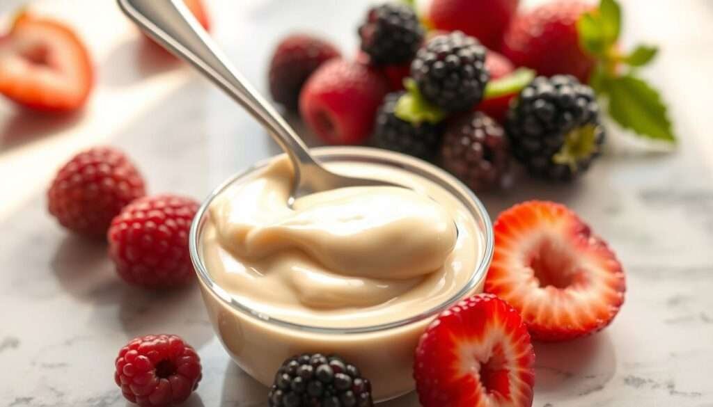 A delectable high-protein pudding, creamy and indulgent, sits atop a marble countertop. The smooth, custard-like texture glistens under warm, natural lighting, inviting a spoonful. Fresh berries, vibrant and juicy, are artfully arranged around the pudding, adding a pop of color. A spoon rests in the center, its metal finish catching the light, hinting at the satisfying experience to come. The overall scene exudes a sense of health, comfort, and pure delight, capturing the essence of a "Delicious Protein Pudding: A Healthy Treat."