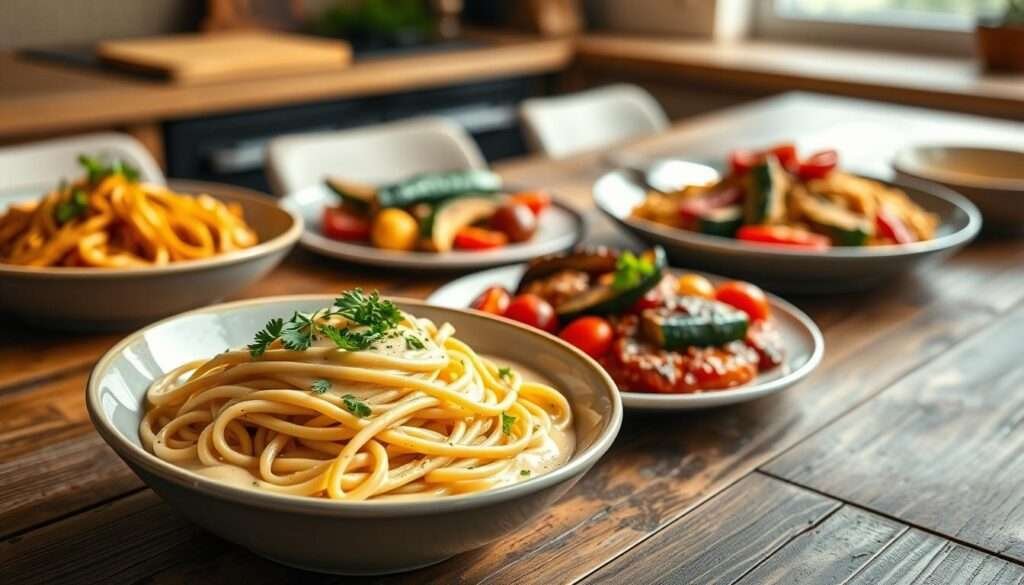 A delectable spread of plant-based pasta dishes, artfully arranged on a rustic wooden table. The foreground features a bowl of creamy, cashew-based alfredo sauce enveloping glistening strands of al dente linguine, sprinkled with freshly chopped parsley. In the middle ground, a plate showcases roasted seasonal vegetables - tender zucchini, vibrant bell peppers, and juicy tomatoes - nestled atop a bed of earthy, homemade marinara sauce. The background captures the warm, inviting ambiance of the kitchen, with soft, diffused lighting casting a golden glow over the scene. The overall mood is one of refined elegance and plant-forward indulgence, perfect for an impressive, plant-based tasting menu.
