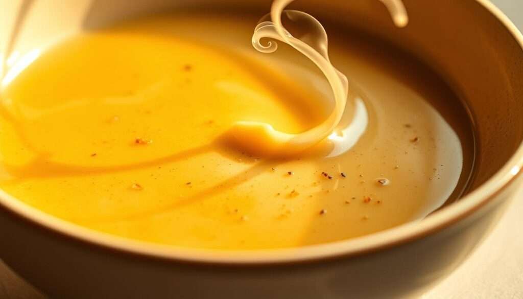 A delicate, creamy sauce glistens in a shallow bowl, its smooth texture inviting the eye. Wisps of aromatic steam curl upward, hinting at the rich, savory flavors within. The sauce is carefully composed, with a balanced blend of herbs and spices that complement the dish. Warm lighting casts a soft, inviting glow, highlighting the sauce's alluring sheen. The composition is elegant and minimalist, allowing the sauce to take center stage as the star of the image. This visually appealing and mouthwatering sauce exemplifies the healthy, flavorful options that can enhance any high-protein dinner.