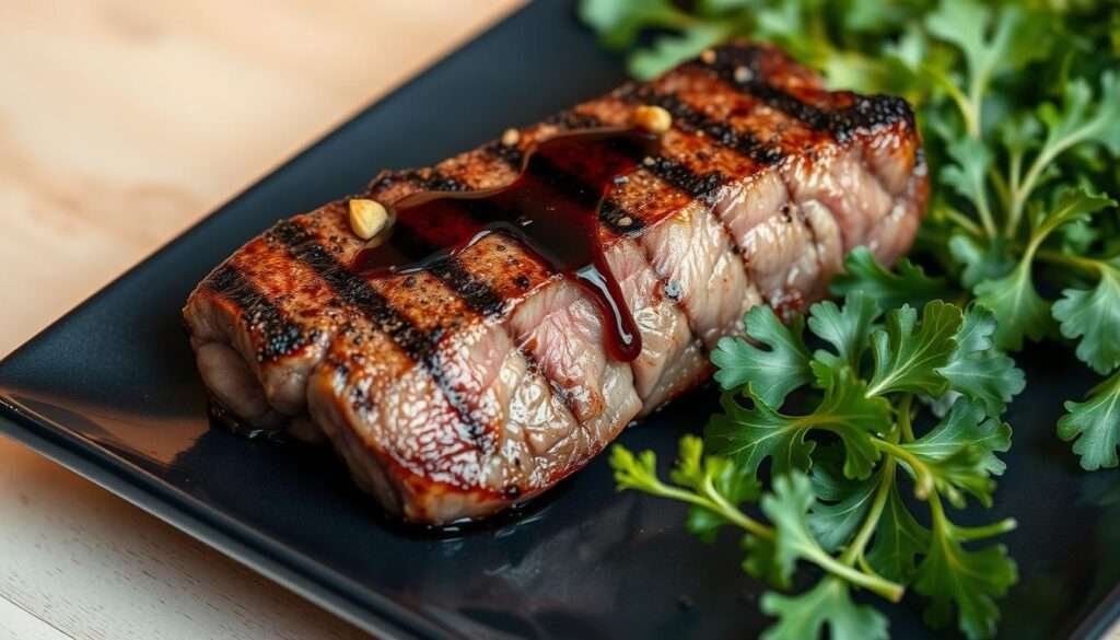 A delicate, grilled New York strip steak, seared to a perfect medium-rare, rests on a sleek, dark plate. The meat glistens under soft, warm lighting, revealing its tender, juicy interior. Slivers of roasted garlic and a drizzle of rich, balsamic reduction accent the steak, adding depth and complexity to the dish. The background is a minimalist, neutral-toned space, allowing the protein to take center stage. Crisp, fresh greens and a sprinkling of cracked black pepper complete the composition, creating a visually appealing and mouthwatering image that captures the essence of a lean, high-protein dinner.