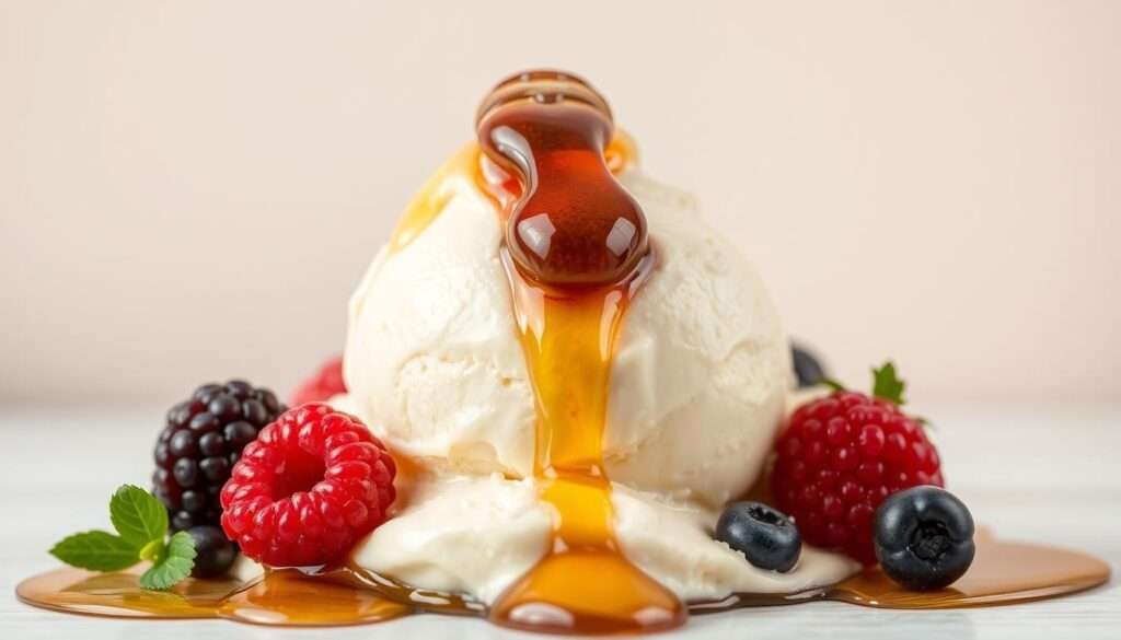 A delightful, creamy scoop of homemade vanilla ice cream, topped with fresh, juicy berries and a drizzle of honey. The ice cream has a smooth, velvety texture, glistening under the warm, natural lighting. The berries, in shades of red and purple, add a vibrant pop of color and a burst of sweetness. The honey cascades down the sides, creating a delicate, glistening pattern. The scene is set against a simple, minimalist background, allowing the natural flavors and textures to take center stage. The overall mood is one of simplicity, purity, and indulgence - a healthful, yet decadent frozen dessert.