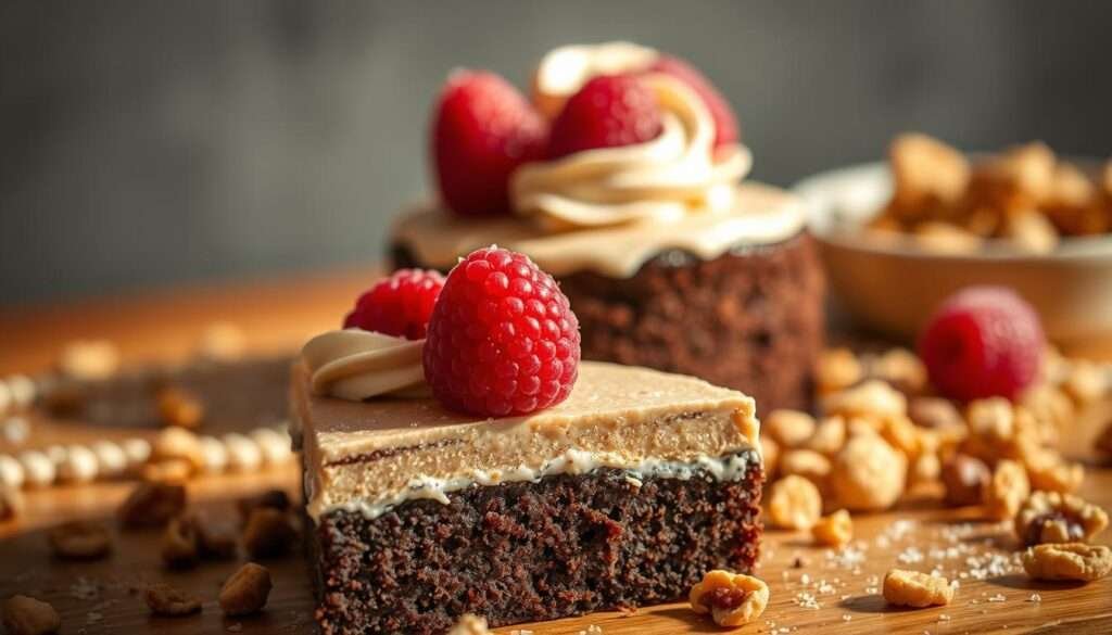 A delightful dessert tableau featuring a lush, artfully-plated sweet confection. In the foreground, a delicate slice of decadent chocolate cake, topped with a swirl of creamy frosting and garnished with fresh raspberries, glistening with a light glaze. Behind it, a scattering of chopped nuts and crumbled cookie bits, adding texture and visual interest. The background is softly blurred, highlighting the hero dessert in sharp focus, illuminated by warm, natural lighting that casts gentle shadows and highlights the glossy sheen of the icing. The overall mood is one of indulgence and culinary craftsmanship, inviting the viewer to imagine the satisfying flavors and textures of this sweet finishing touch to a memorable virtual dinner party.