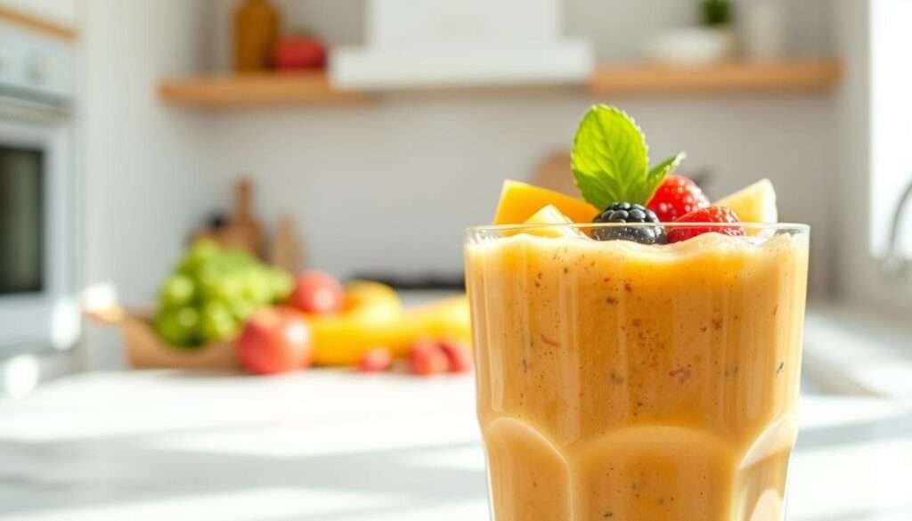 A delightful smoothie in the foreground, overflowing with a vibrant blend of fresh fruits and vegetables. The smoothie is captured in a close-up shot, showcasing its luscious texture and inviting colors. The background is a minimalist, light-filled kitchen counter, allowing the smoothie to take center stage. Soft, natural lighting casts a warm glow, highlighting the smoothie's creamy consistency and the subtle variations in its hues. The overall mood is one of simplicity, health, and indulgence, perfectly capturing the essence of "How I Make a Smoothie Step by Step".