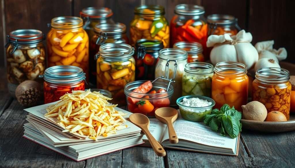 A detailed guide to fermented foods, showcasing an array of jars and bowls filled with sauerkraut, kimchi, pickled vegetables, and other gut-nourishing ferments. The scene is bathed in warm, golden lighting, creating a cozy, rustic atmosphere. In the foreground, a stack of open books and a pair of wooden utensils sit atop a weathered wooden surface, hinting at the wealth of information and the hands-on approach to mastering fermentation. The middle ground features the fermented foods arranged artfully, each item capturing the unique textures and colors of the different cultures. The background is softly blurred, emphasizing the focus on the fermented delights. The overall impression conveys the idea of a comprehensive guide to exploring the world of fermented foods and their benefits for gut health.