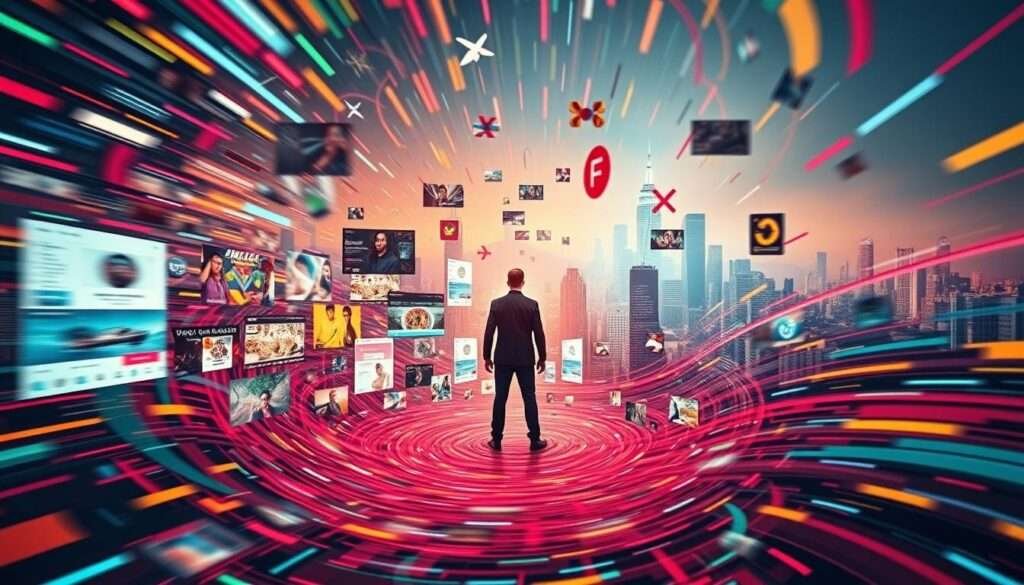 A digital landscape capturing the frenetic pace of modern attention. In the foreground, a central figure stands amid a swirling vortex of colorful, abstract shapes and lines, representing the bombardment of stimuli vying for focus. The middle ground features a collage of fragmented, fast-paced imagery - social media feeds, viral food videos, and fleeting cultural trends. In the background, a hazy, neon-tinged cityscape sets the stage, hinting at the ubiquitous, hyper-connected nature of today's attention economy. Dramatic lighting and a tightly framed composition convey a sense of intensity and overwhelming sensory input, reflecting the challenges of maintaining focus and engagement in a constantly evolving digital landscape.
