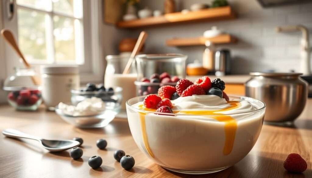 A fully-stocked kitchen counter, bathed in soft, natural lighting from a large window. On the counter, a series of clear glass bowls containing various ingredients - protein powder, milk, yogurt, berries, honey, and a mixing spoon. In the foreground, the main attraction - a creamy, luscious protein pudding, freshly made and ready to be enjoyed. The pudding has a smooth, velvety texture and is topped with a scattering of fresh berries and a drizzle of honey. The overall scene conveys a sense of healthy indulgence and homemade goodness.