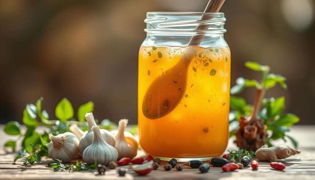 A glass jar filled with a bubbly, golden liquid, surrounded by fresh herbs and spices. The jar is illuminated by soft, natural lighting, casting a warm glow on the fermentation process happening within. In the foreground, a wooden spoon gently stirs the mixture, revealing the intricate layers of flavors and textures. The middle ground features a variety of whole, organic ingredients, such as garlic, ginger, and peppercorns, hinting at the complex, probiotic-rich blend. The background blurs into a serene, earthy environment, suggesting a peaceful, mindful approach to the art of fermentation.