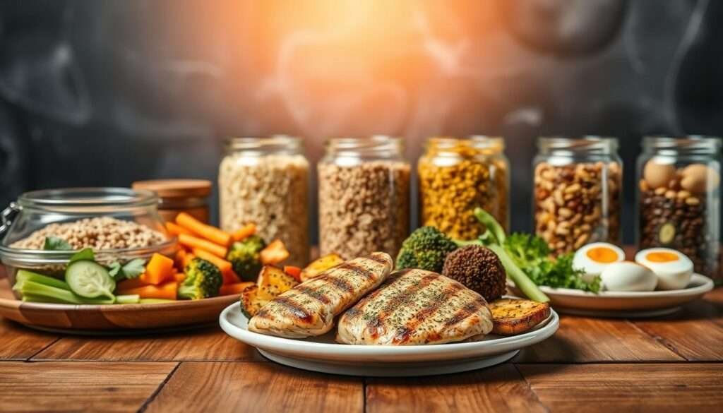 A gourmet assortment of high-protein meal prep items arranged on a wooden table. In the foreground, a plate showcases a bountiful serving of grilled chicken breast, seasoned with herbs and spices, accompanied by a colorful medley of roasted vegetables, including broccoli, carrots, and bell peppers. In the middle ground, glass containers filled with quinoa, lentils, and boiled eggs stand ready for convenient portioning. The background features a chalkboard-style backdrop, creating a rustic, chef-inspired ambiance. Warm, natural lighting from overhead casts a soft, inviting glow, highlighting the textures and colors of the meticulously prepared meal components. A sense of culinary expertise and health-conscious indulgence permeates the scene.