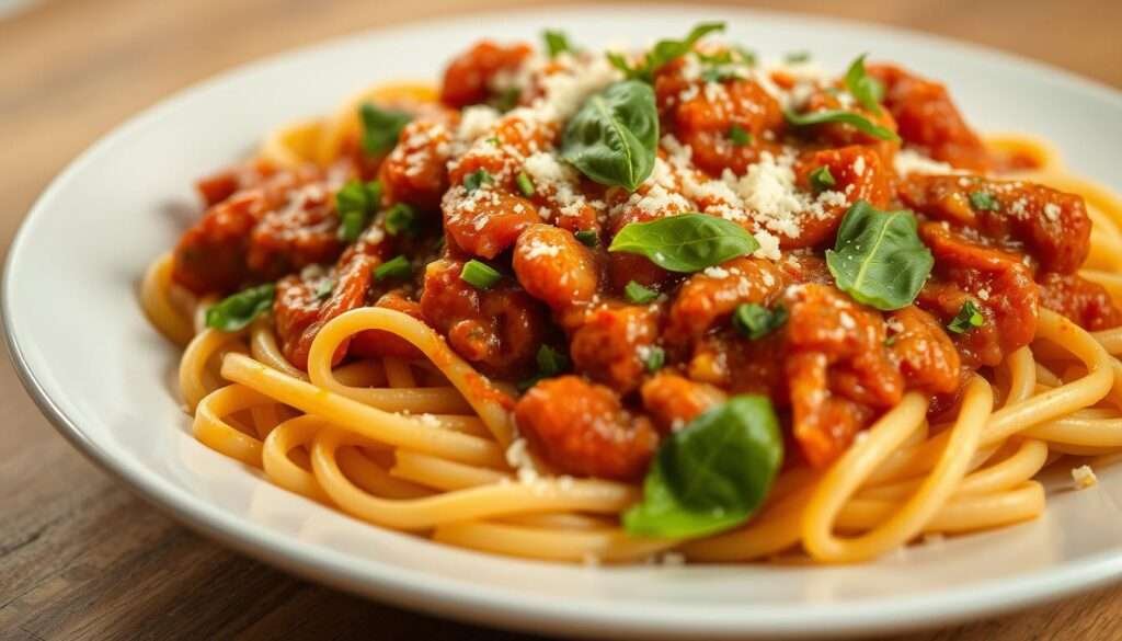 A heaping plate of freshly cooked whole wheat pasta, tossed in a rich, creamy tomato-based sauce, sprinkled with chopped fresh basil and grated Parmesan cheese. The pasta is perfectly al dente, and the sauce is infused with the savory flavors of garlic, onions, and a hint of red wine. The lighting is warm and inviting, casting a soft glow over the dish, and the camera angle is slightly elevated to showcase the dish's layered textures and vibrant colors. The overall mood is one of comfort, nourishment, and a celebration of high-protein, vegetarian-friendly cuisine.