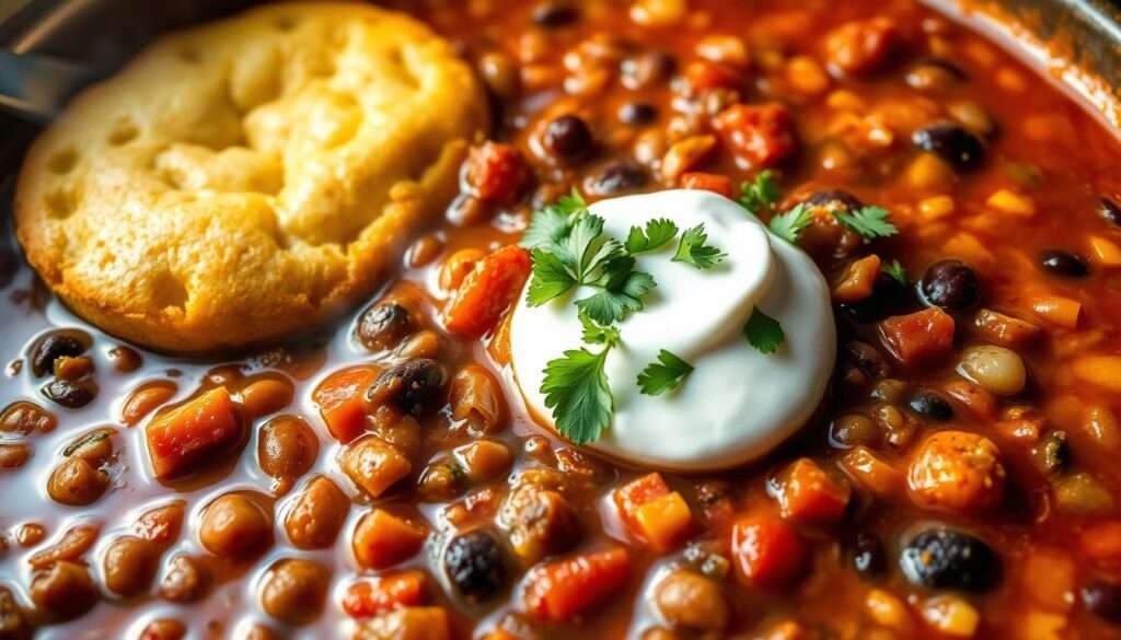 A hearty bowl of lentil chili, steaming hot and brimming with rich, earthy flavors. In the foreground, a medley of tender lentils, black beans, and diced tomatoes simmers in a spiced, tomato-based broth. Aromatic onions, garlic, and spices like cumin, chili powder, and oregano create a comforting aroma. The middle ground features a crusty, golden-brown cornbread muffin, glistening with melted butter. Garnished with a dollop of cool, creamy sour cream and a sprinkling of fresh cilantro, the dish is illuminated by warm, natural lighting, casting a cozy, inviting atmosphere. The camera angle is positioned at eye level, allowing the viewer to fully immerse themselves in the hearty, nourishing scene.