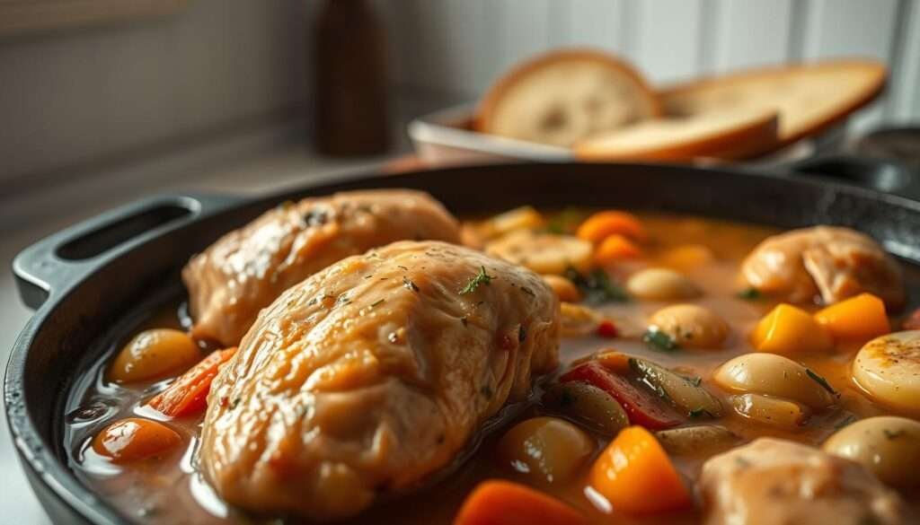 A hearty, comforting one-pot chicken dish, simmered to perfection in a rich, aromatic sauce. In the foreground, juicy chicken thighs nestle among tender vegetables like carrots, potatoes, and onions, bathed in a creamy, herb-infused broth. The mid-ground features a cast-iron skillet, its rough, rustic surface reflecting the warm, cozy lighting from above. In the background, a simple, minimalist kitchen setting, with clean lines and natural textures, creates a soothing, homely atmosphere. Soft, diffused lighting casts gentle shadows, accentuating the depth and texture of the ingredients. An inviting, soul-nourishing one-pot wonder, perfect for a comforting, high-protein dinner.