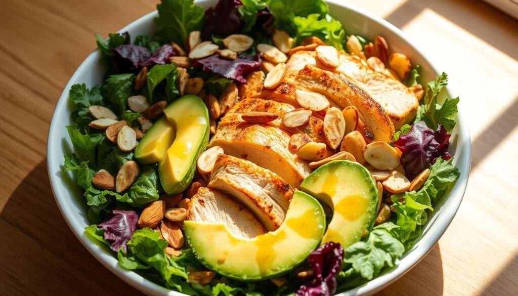 A hearty, high-protein salad overflowing with vibrant greens, protein-rich grilled chicken, creamy avocado, crunchy toasted almonds, and a zesty citrus vinaigrette. The salad is arranged artfully in a shallow white bowl, with the ingredients neatly layered to create visual interest. Soft, natural lighting from the side casts gentle shadows, highlighting the fresh textures and colors. The overall mood is bright, fresh, and appetizing, inviting the viewer to dig in and enjoy a satisfying, nutrient-dense meal.